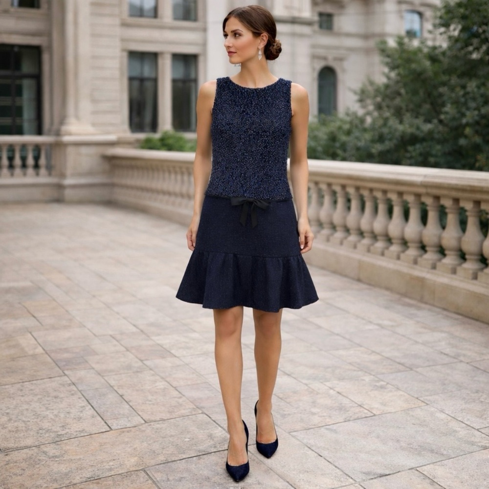 Giambattista Valli Dress Metallic Boucle Tweed Wool Shift Bow Luxury Designer 42